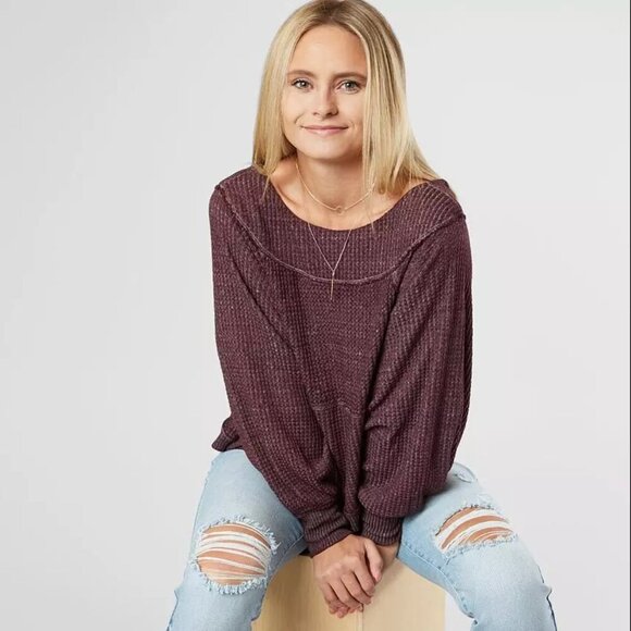 We the Free West End V-Back Top Waffle Thermal Knit Oversized Slouchy Grunge XS - Picture 2 of 14